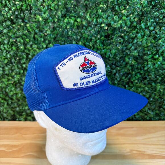 Vintage Amoco Trucker Hat Chocolate Bayou OLEF Maint Comp Rare 80s y2k Cap Blue - Picture 4 of 8